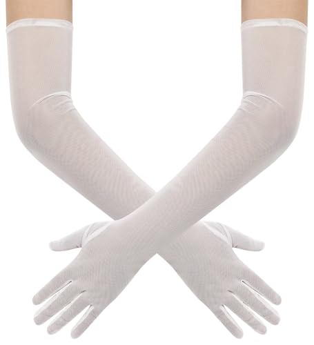 Hazhlko Women's Long Stretchy Mesh Tulle Sheer Gloves Costume Wedding Opera Halloween Party 1920's Dance Gloves Ivory