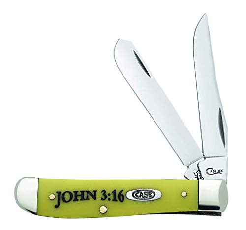 Image of Case WR XX Pocket Knife Yellow Synthetic Mini Trapper-John 3:16 Item #8850 - (3207 SS) - Length Closed: 3 1 /2 Inches