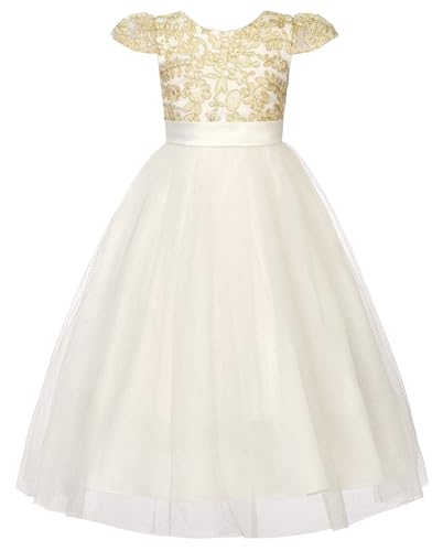 Uhnice Girls Embroidered Mesh Flower Dress Tulle Formal Gown with Removable Bow for Wedding Party