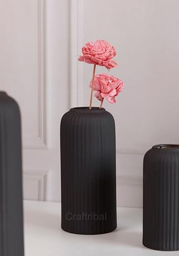 Craftribal's Modern Ceramic Flower Vase for Living Room, Flower Pots for Home Decoration, Home Decor, Line Vase (Set of 3PCS) Black