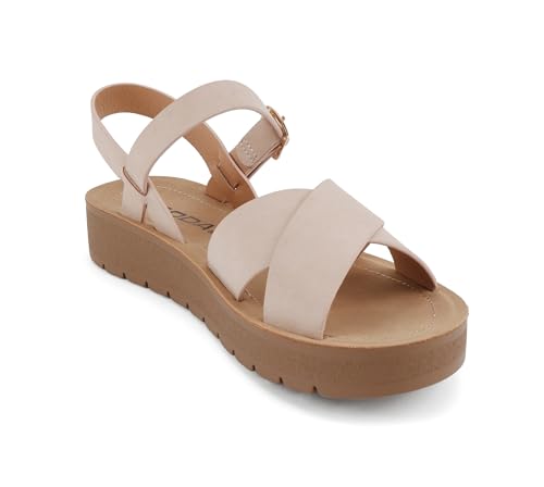 Image of Soda CHESTER ~ Women Flat Sandals Flatform Ankle Buckle Criss Cross Band Straps Sandals Shoes (Gold Raffia, 5.5)