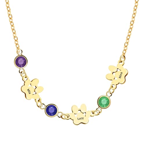 Personalized Paw Print Necklace Custom Dog Necklace with Birthstone Custom Dog Cat Paw Pendant Necklace Pet Memorial Jewelry for Pet Lovers, Christmas Mothers Day Gift for Pet Mom