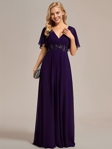 Image of Ever-Pretty Women's Spring Short Sleeve Bridesmaid Dresses V-Neck Chiffon Ruched Empire Waist Appliques Long Formal Dress