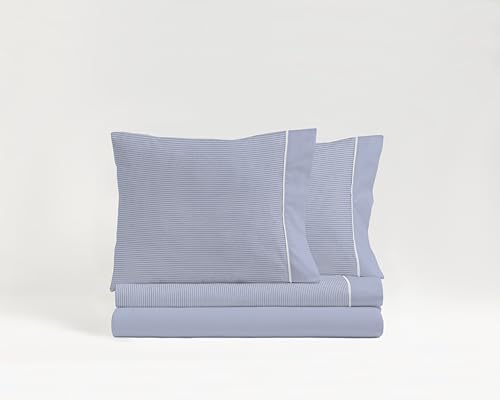 NAF NAF Juego de Sábanas 3 Piezas, 50% Algodón-Poliéster, Diseños Florales y Rayas, para Cama 90cm 135cm y150 cm (Rayas Azul, Cama 150cm + 2 Fundas Almohada)
