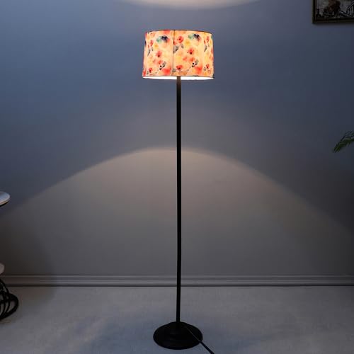 Image of tu casa Black Metal-Iron Base Foldable Floor Lamps with Flower Print & Satin Shade for Bedroom, Living Room, Lounge, Office Area, Gifting Without Bulb for Home Decoration (Height - 53 inch)