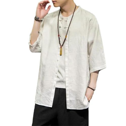 Chemise respirante homme en lin et coton style chinois rétro couleur unie