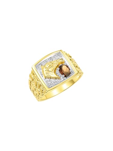 Image of Rylos Men's Yellow Gold-Plated Sterling Silver Lucky Nugget Horse Head Ring with 6X4MM Gemstone and Diamonds - Birthstone Elegance for Men, Sizes 8-13 Available