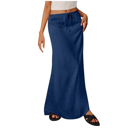 Cotton Linen Maxi Skirts for Women Cute Drawstring Elastic Waist Dress 2025 Summer Vacation Boho Long Flowy Skirts