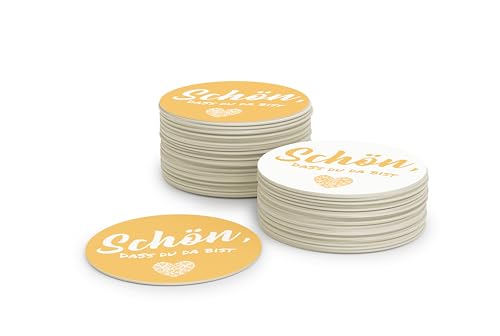 Sottobicchieri gialli realizzati in cartone ecologico di pasta di legno (50 pezzi) Bello che tu sia qui I sottobicchieri rotondi per la birra I decorazione da tavolo ⌀10 cm