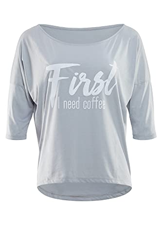 Winshape Damen ultra leichtes Modal-3/4-Arm Shirt MCS001 mit weißem „First I need coffee” Glitzer-Aufdruck, Winshape Dance Style, Fitness Freizeit Sport Yoga Workout, Cool-grey-weiss, XS