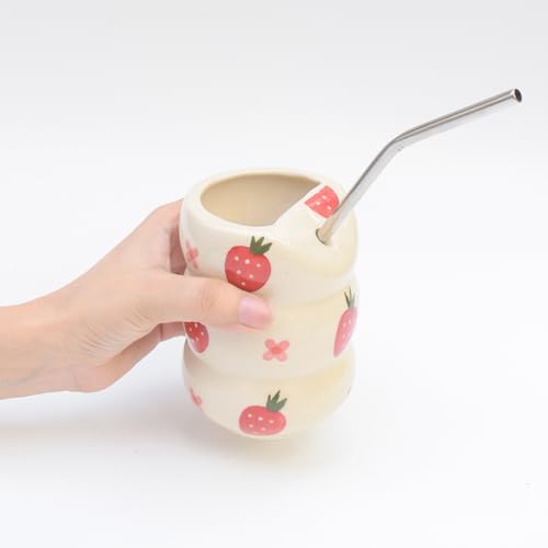 Image of Ceramic Sip Tumbler - Strawberry Flower with Stainless Steel Straw | Aesthetic Tumbler for Cold Coffee, Cold Drinks Perfect for Gifting (200 ml)