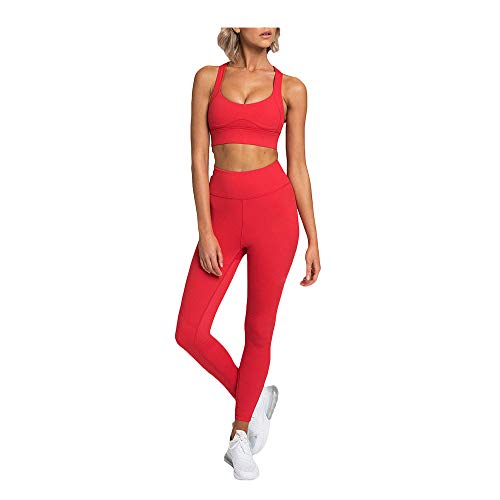 Hotexy Women\'s Workout 2 Pieces Set High Waisted Yoga Leggings with Stretch Sports Bra, A Lucky Red, S