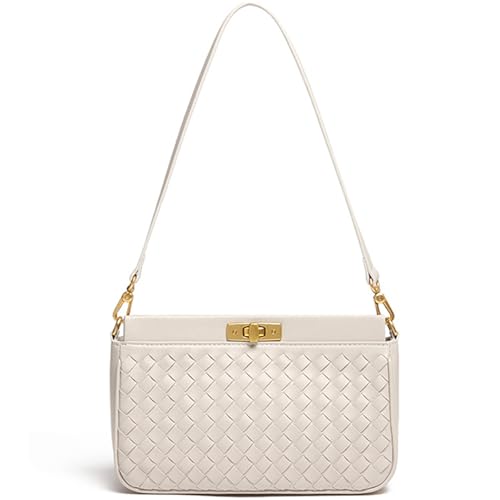 Shoulder Bag for Women Weave Lightweight Tote Bags Vegan Leather Handbags Handmade Cute Bags Sling Purse with Pocket White