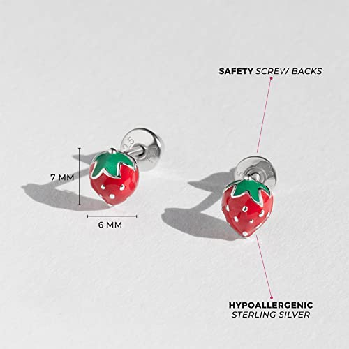 925 Sterling Silver Enamel Strawberry Stud Earrings for Toddlers & Little Girls - Stylish Strawberry Screw Backs for Girls- Colorful Fruit Screw Back Earrings for Everyday Use4