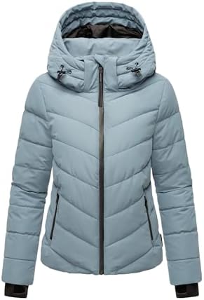 MARIKOO Winterjas voor dames (XS-3XL) - waterafstotend, warm, afneembare capuchon, winddicht, gewatteerde jas, dames - opstaande kraag, 4 zakken, verlengde rits, Powder-Blue, 3XL