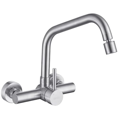 ONECE Grifo Cocina en la Pared con 2 Modos, Grifería para Fregadero con Caño Giratorio, Mezclador Monomando Rotación de 360°, Acero Inoxidable 304, Aireador Extraíble