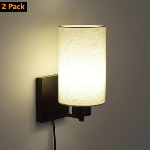 Image of KOONTING Plug in Wall Sconce Set of 2, Rustic Wall Lamp Wall Light Fixture | With Plug-in Cord and On /Off Toggle Switch, Grey Fabric Shade Wall Light for Headboard Bedroom Living Room (Circle-Linen)