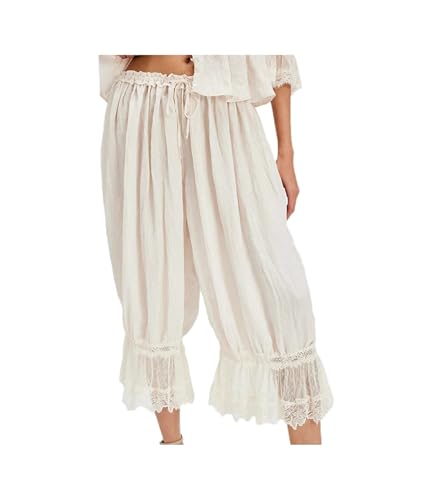 Mnjyihy Women's Loose Bloomers Cropped Pants Drawstring High Waist Floral Lace Patchwork Calf-Length Trousers