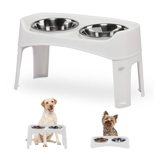 Iris Ohyama, Ciotole per cani doppie rialzate con supporto staccabile, per cani con mobilità limitata, ciotole grandi rimovibili, bordo alto, per cani - Dog Feeder PEF-L, Bianco