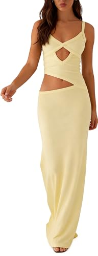 Image of Yiulangde Women Sexy Cut Out Maxi Dress Spaghetti Strap Backless Bodycon Dress Y2k Formal Hollow Out Sleeveless Long Dresses