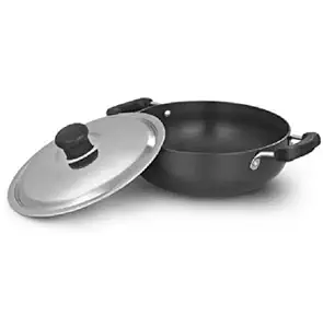 Madhu Hard Anodized Induction Base Deep Kadhai 22 cm Diameter with Lid 5.0 L Capacity (Hard Anodised, Non-Stick, Induction Bottom)