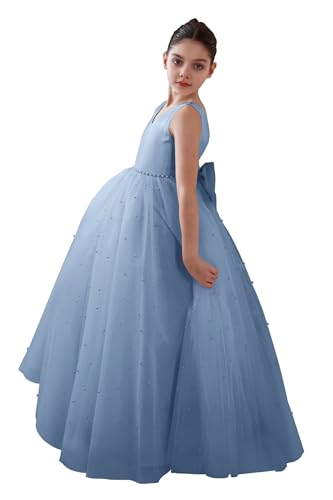 Pearls Flower Girl Dress for Wedding V-Neck Satin Tulle Kids Bridesmaid Dresses Princess Party Prom Gown with Bow-Knot