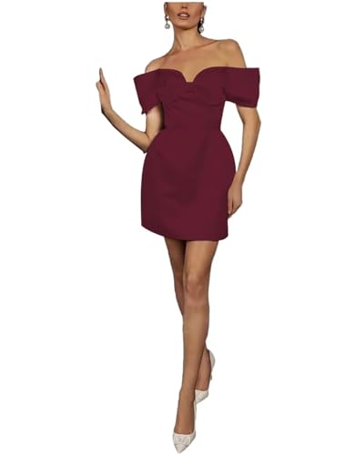 Image of TIANMEI Women's Off Shoulder Mini Wedding Dresses for Bride with Bow Burgundy Satin Wedding Guest Dress Short Prom Homecoming Gown Size 4