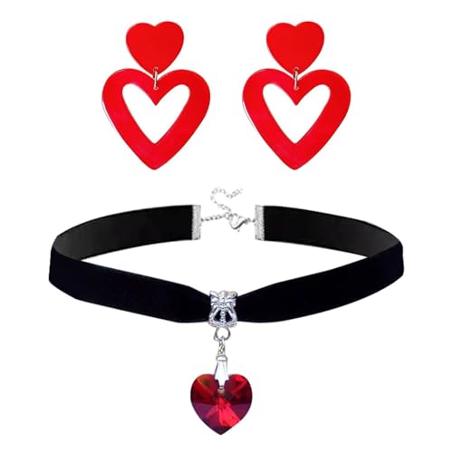 YSJCHEBS Set di Gioielli: Orecchini A Cuore Rosso e Collana A Cuore Rosso E Nero - Acrilico, Pendenti, Da Donna