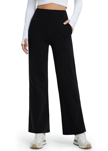 Libin Damen Thermohose Winter Yogahose Weite Fleece Gefütterte Hohe Taille Freizeithose Jogginghose mit Taschen Warme Straighthose Sporthose Trainingshose, Schwarz L