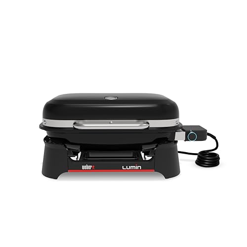 Weber Lumin Barbecue électrique/Jusqu’à 315 °C, avec thermomètre intégré au Couvercle, grilles en Fonte émaillée, Surface de Cuisson 33 × 49 cm, Noir (1502045)