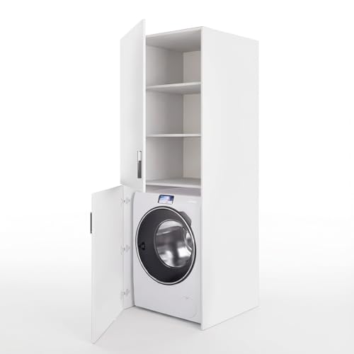 Mobile Lavatrice Asciugatrice Con 2 Ante E Ripiani Mobiletto Lavanderia Bagno Armadietto Verticale Armadio Salvaspazio Con Vano Incasso Chiusura Soft Closing Design Moderno 70 × 70 × 180 Cm Bianco