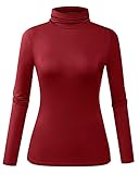 Herou Women Long Sleeve Turtleneck Stretch Slim T Shirt Layer Tops Burgundy Red Large