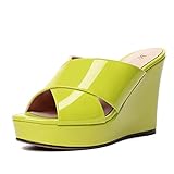 MODENCOCO Women's 4 Inch High Heel Platform Casual Open Toe Heels Sexy Wedge Party Patent Slip On Heeled Sandals Yellow Green Size 7 - Zapatos de Tacon para Mujer Elegantes