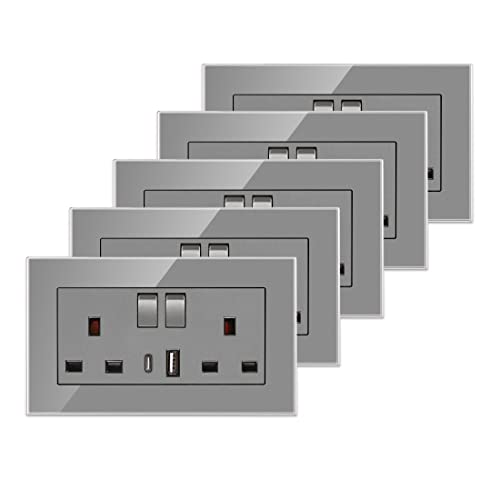 5 Pack CNBINGO Glass Double Switched Socket with USB-A and Type-C Charging Ports, Grey Tempered Glass Panel Wall Outlet, 2 Gang 13 Amp Electric Power Socket 5 Pack CNBINGO Glass Double Switched Socket with USB-A and Type-C Charging Ports, Grey Tempered Glass Panel Wall Outlet, 2 Gang 13 Amp Electric Power Socket