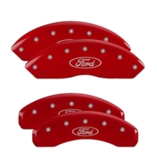 Image of MGP Caliper Covers 10022SFRDRD Red Brake Covers Engraved with Silver Ford Oval (Set of 4)
