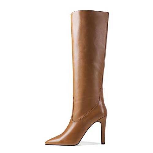 LEMUTISME Women's Classic Pointed Toe Stitchcraft Slouchy Wide Calf Slip On Elegant Stiletto High Heel Knee High Boots2