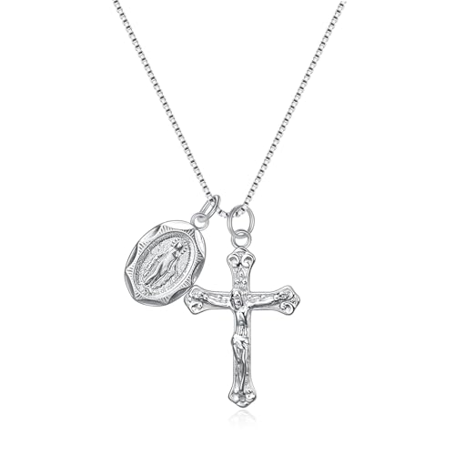 Rnivida 925 Sterling Silver Crucifix Cross and Miraculous Medal Pendant Necklace for Women