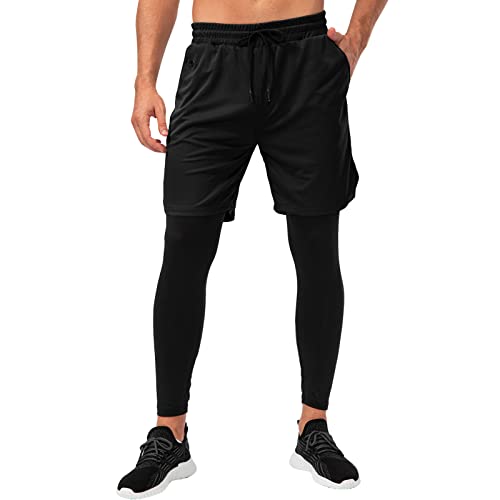 Henniu Calças esportivas masculinas com bolsos 2 em 1 leggings forro shorts atléticos treino roupas
