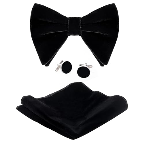 Hmxpls Black Velvet Bow Tie Pocket Square Cufflinks Set for Men Solid Pre-tied Adjustable Bowtie Mens Tuxedo Bow Ties