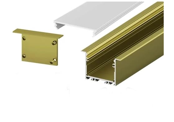 2 Metre Recessed Gold/Brass LED Profile P22-1 C/W Clips, End Caps & Opal Cover | Perfect for Bedroom, Stairs, Hallway, Kitchen, Cabinet (41.4mm x 24.2mm)