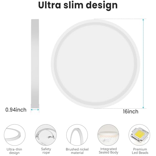 Image of libtit 16Inch Flush Mount LED Ceiling Light Fixture, 3000K 4000K 6500K Adjustable, 36W 3600lm White Satin Round Ceiling Lamp for Bathroom Shower Hallway Kitchen, 2 Pack