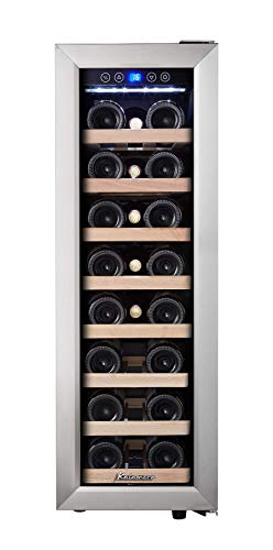 Kalamera 75ASS Weinkühlschrank  Kompressionskühler  Eine Zonen  Volumen: 65 Liter  21 Flaschen  Kühltemperatur: 5-18 °C  8 x Holzeinschub
