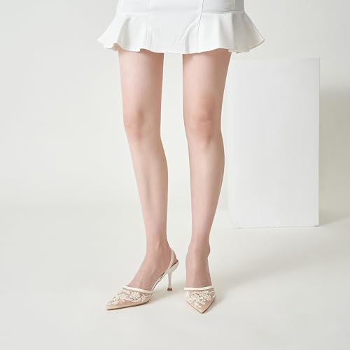 Embroidered Mesh Slingback Heels for Women White Pearl Kitten Heel Pumps Pointed Toe Backless Wedding Shoes3