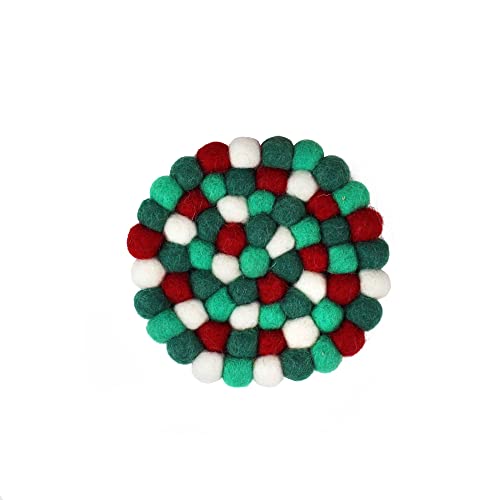 Sottopentola in feltro con palline di design, 10 cm, verde/rosso, in feltro fatto a mano