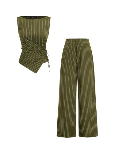 CIDER Womens Striped Two Piece Set Boat Neck Wrap Top Straight Leg Pants: Olive Green, M