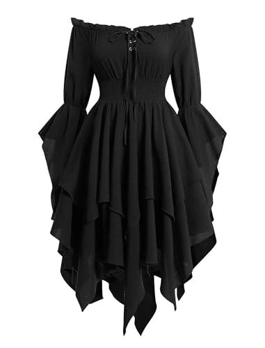 IWEMEK Renaissance Medieval Dress for Women, Off Shoulder Vintage Victorian Costume with Asymmetrical Hemline, Retro Ruffles, A-Line Design for Cosplay, Halloween, Carnival and Parties Black