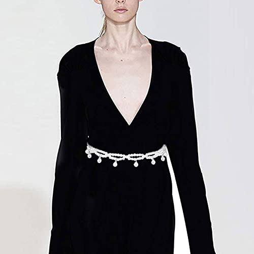 Felite Fnn Women 2 Rows Elastic Pearl Metal Belt with Tassels Evening Wedding Bridal Dress Waist Belt2