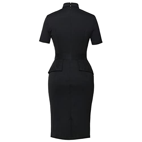 BLESSUME Church Women Clergy Tab Collar Dress Black Mass Bodycon Pencil Dress Short Sleeve 6