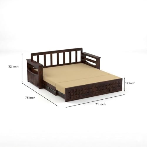 Image of Sheesham Wood Sofa Cum Bed with Mattress - 3 Seater Wooden Sofa Bed for Living Room | Solid Wood Convertible Diwan Couch with Side Storage (Design 6)