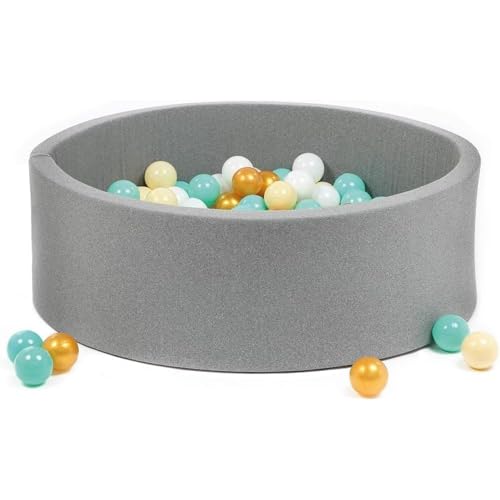 LUDI Piscina redonda de espuma, Ø 90 cm x 30 cm, para bebé a partir de 6 meses a 100 bolas incluídas, tecido macio e lavável, cinzento, promove a mobilidade e a coordenação, fácil de montar